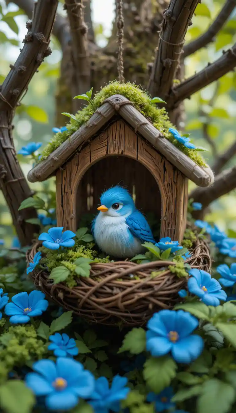 Oiseau en Laine Fantaisiste dans un Nid Douillet de Cabane dans l'Arbre