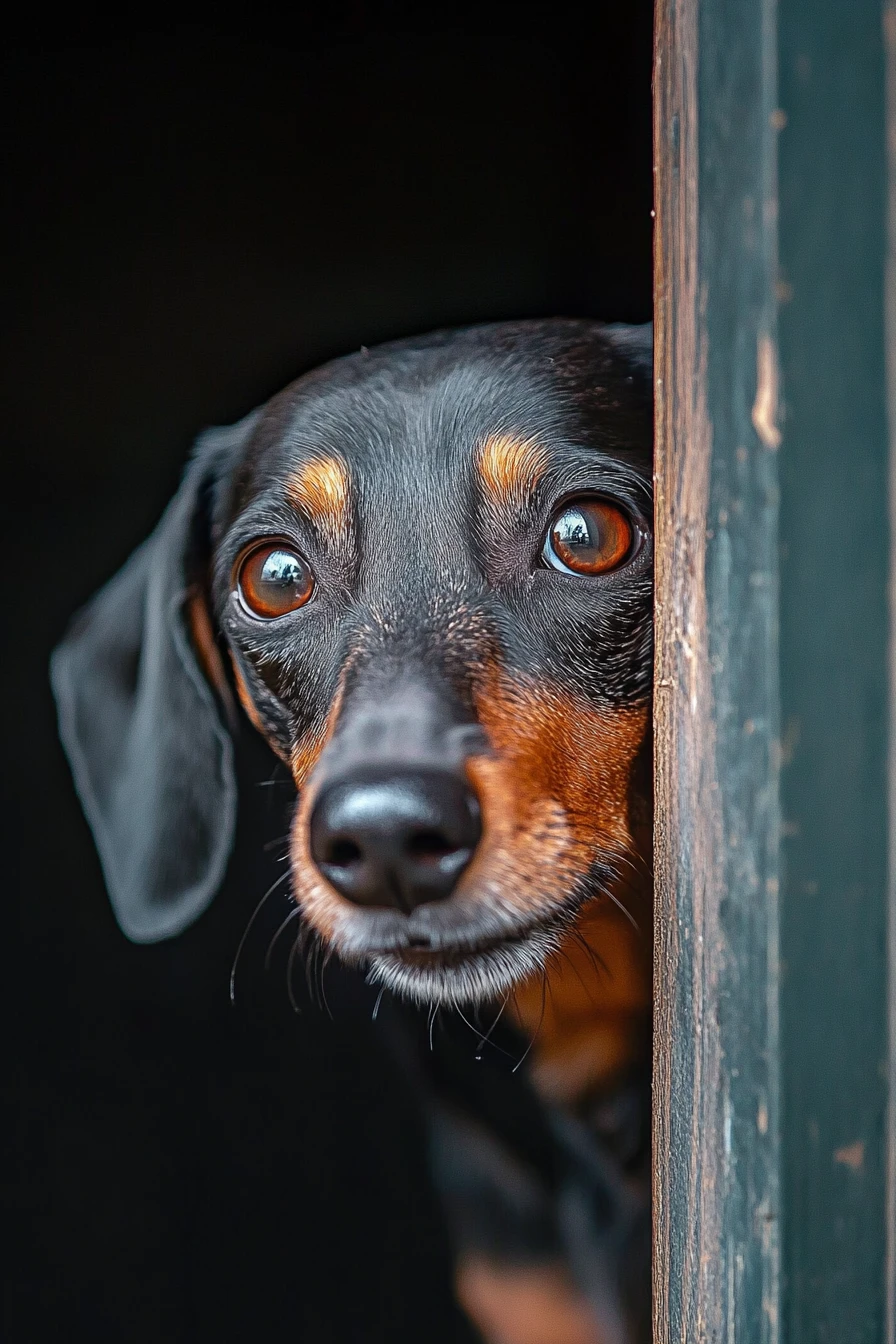 Shy wirehaired dachshund peeking from behind a concrete wall