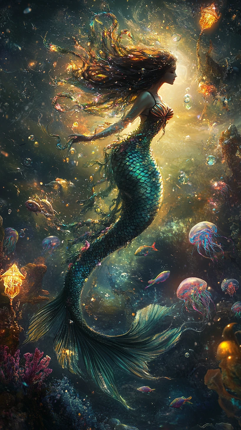 Sirena oscura bailando entre serpientes brumosas y peces luminosos