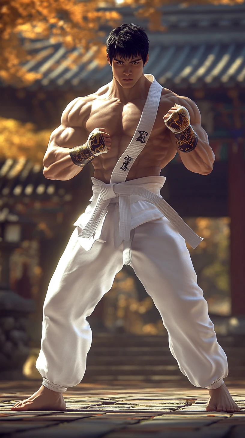 Lutador coreano de taekwondo em postura de batalha dinâmica de anime