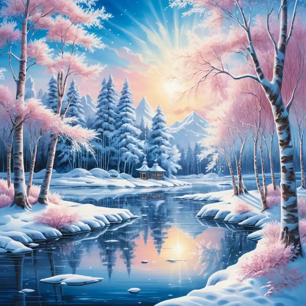 Foresta invernale surreale con lago ghiacciato in delicati toni pastello