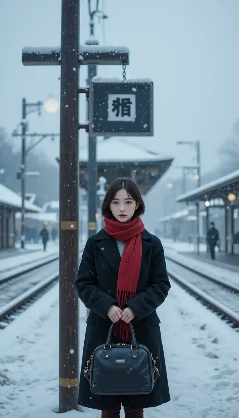 Young girl at a snowy rural Japanese train station