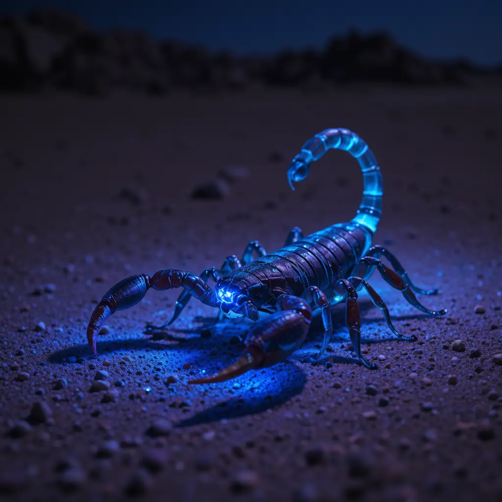 Escorpião azul brilhante na areia do deserto à noite