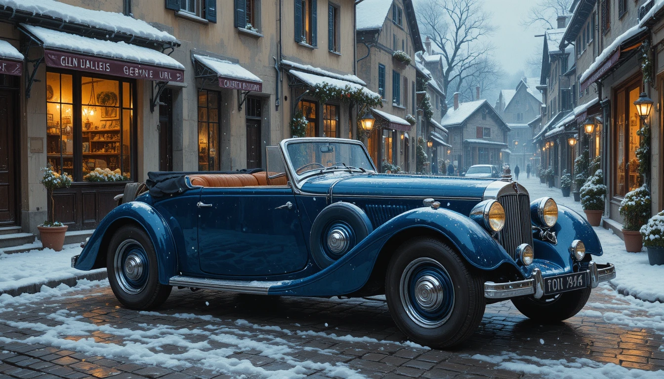Blue vintage convertible on a snowy European village street