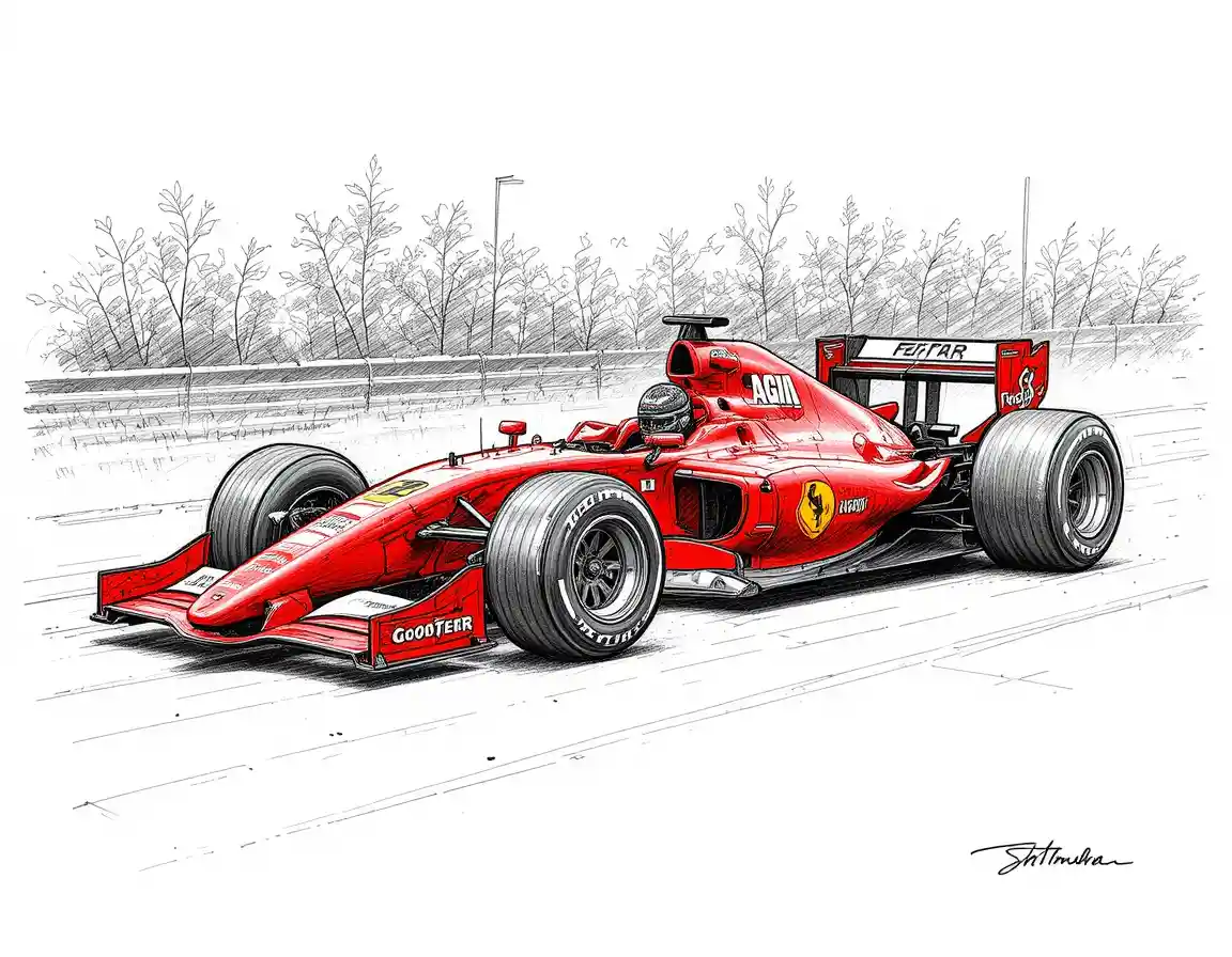 Red racing car on asphalt with driver in cockpit