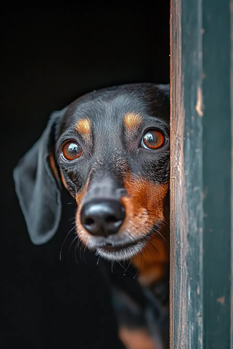 Shy wirehaired dachshund peeking from behind a concrete wall