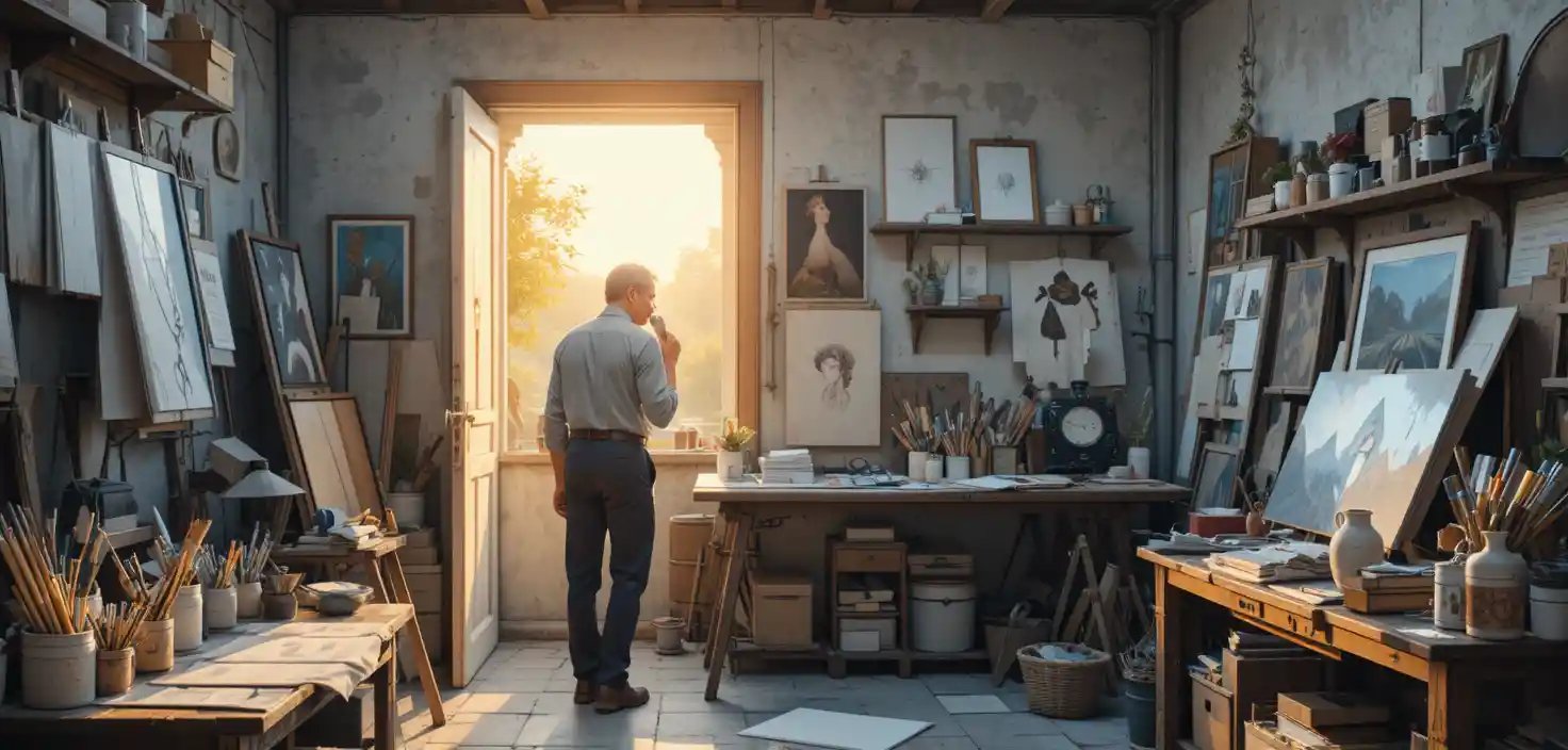 Luce del mattino che riempie lo studio di un artista con colori e pennelli