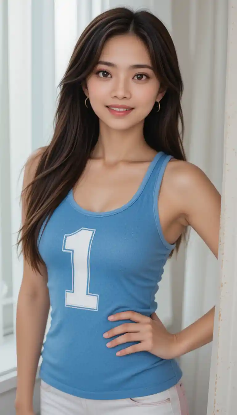 Smiling woman in sportswear standing by bright window