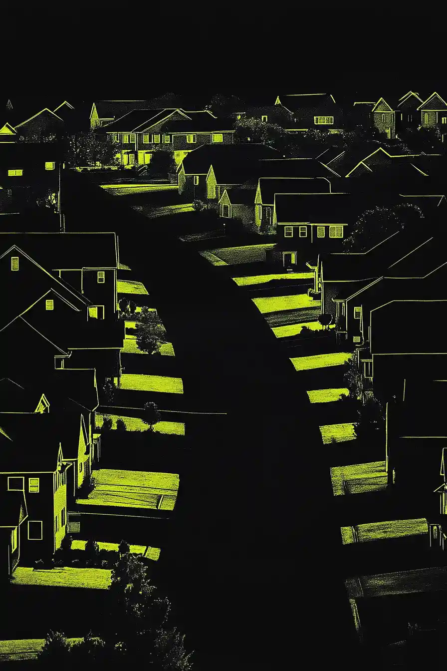 Strada buia di quartiere con graziose casette e accenti giallo neon