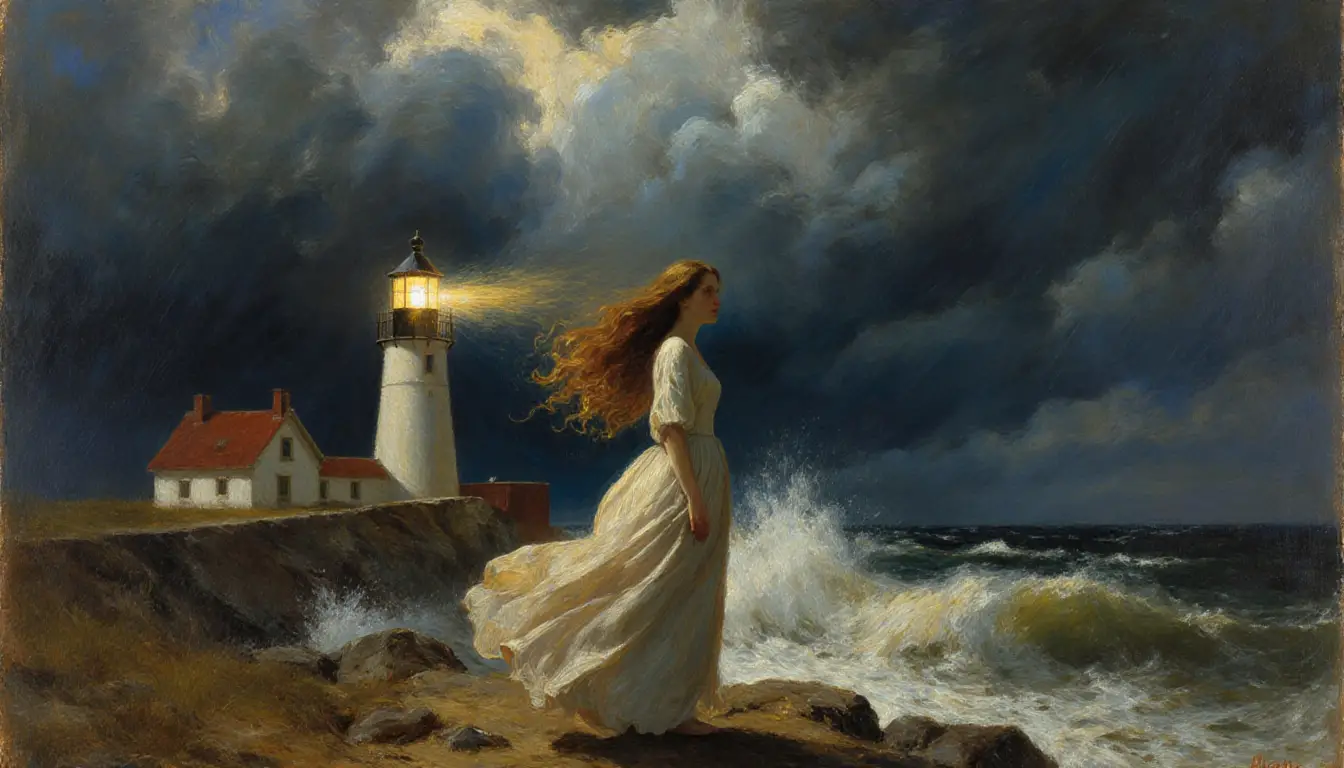 Donna con abito svolazzante sulla costa tempestosa del faro