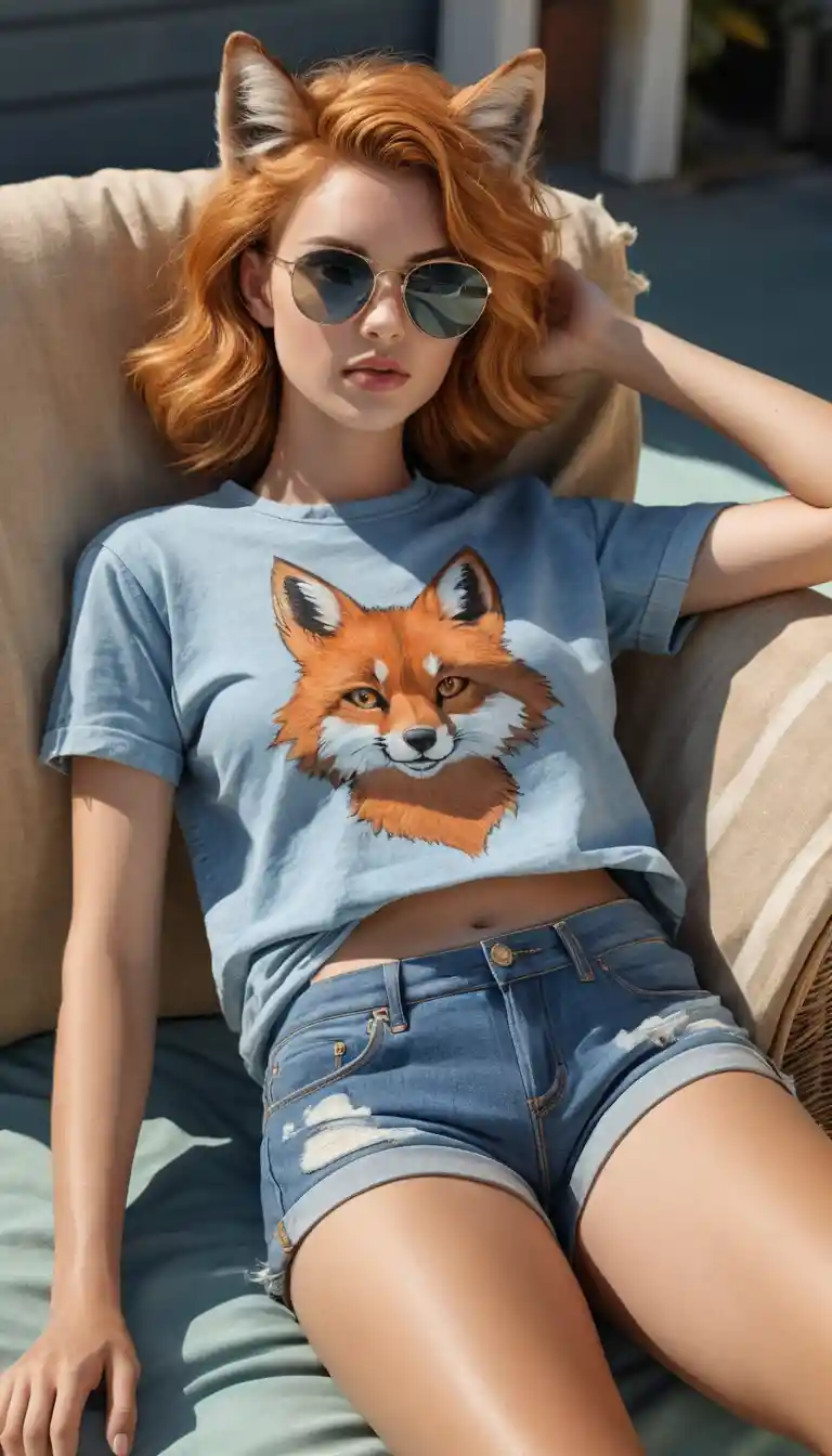 Fox lounging in sunlight wearing denim shorts and tee