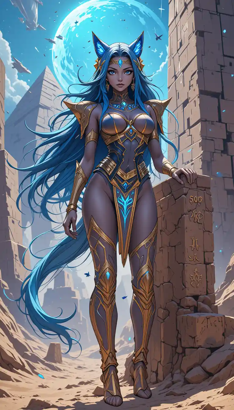 Anime warrior woman with runes in a desert battle stance