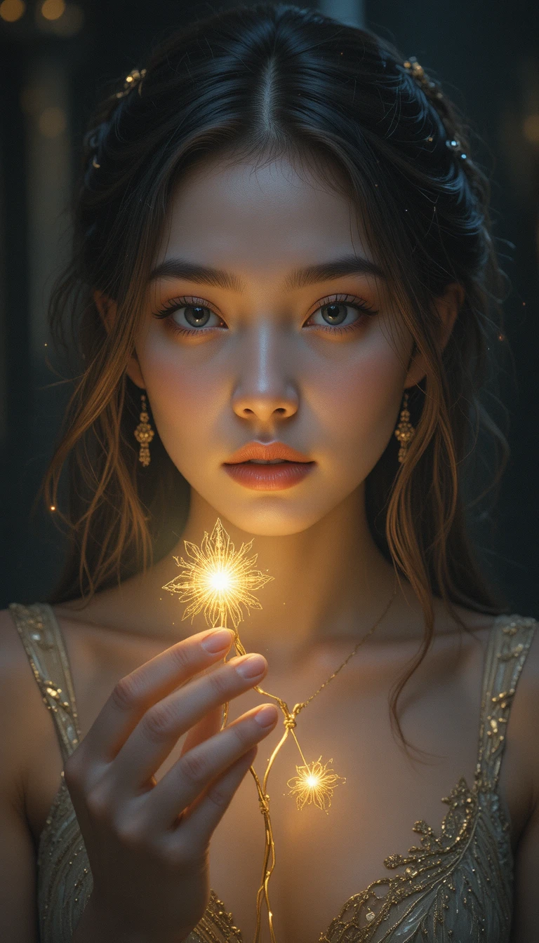 Giovane donna che tiene un filo dorato con simboli luminosi
