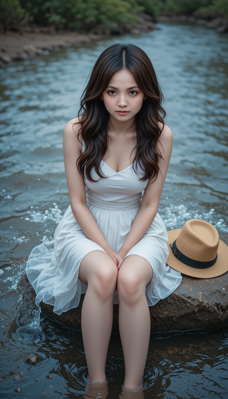 Jeune femme en robe blanche assise sur un rocher dans une rivière