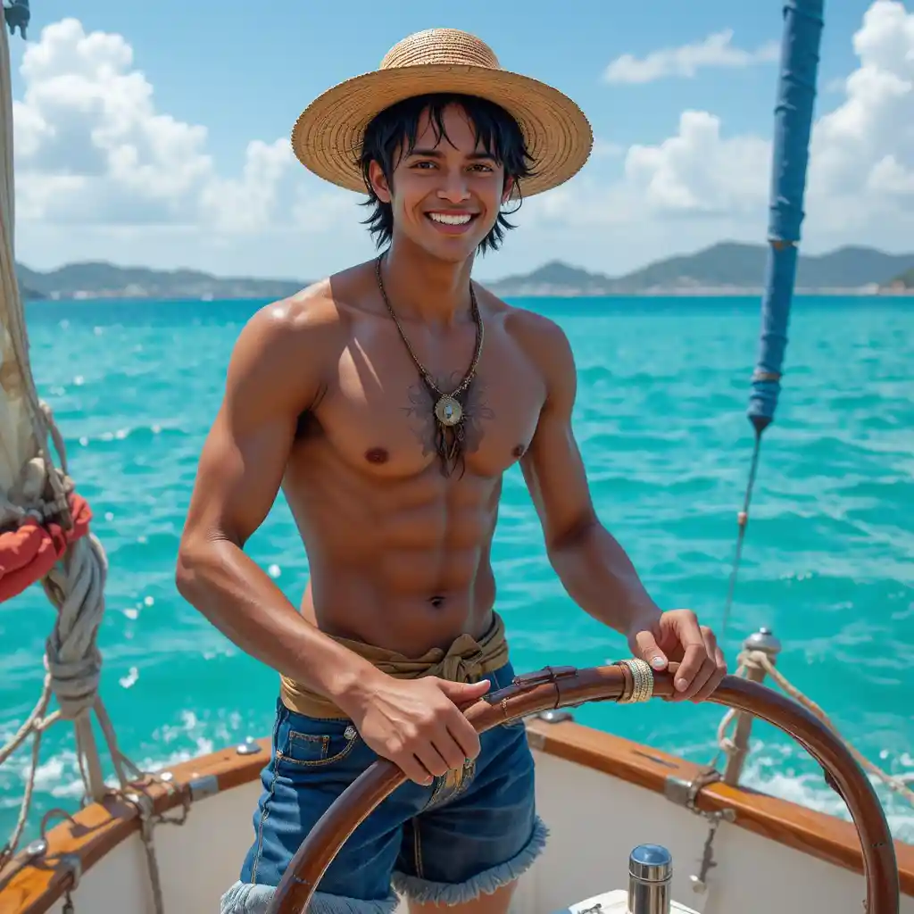 Joven marinero sonriente que maneja un pequeño bote en el mar