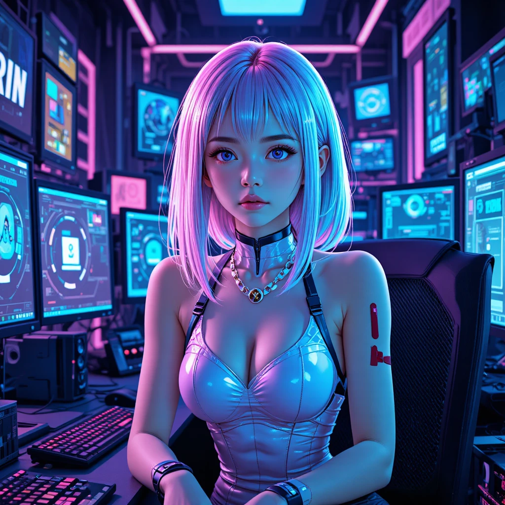 Chica hacker de anime en escritorio de computadora cyberpunk iluminado con neón