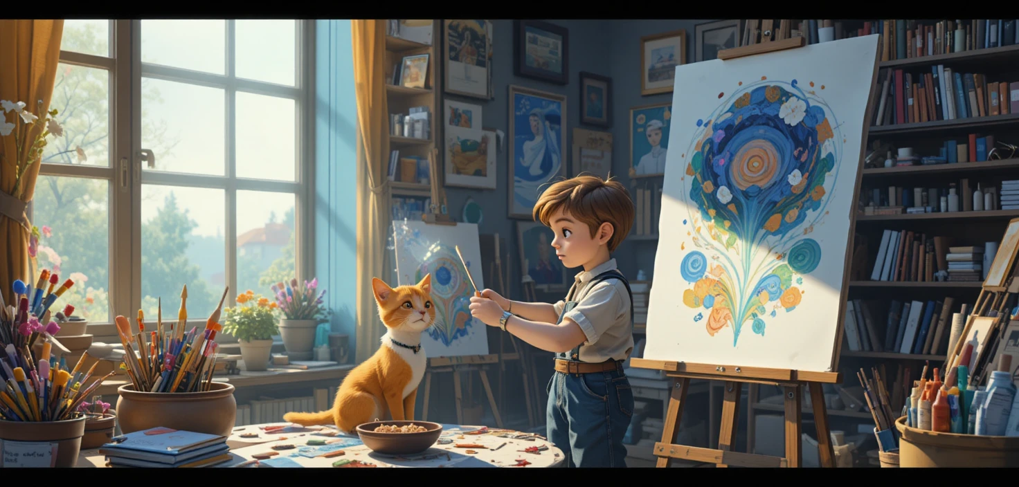 Jovem artista em estúdio iluminado com tintas e pincéis