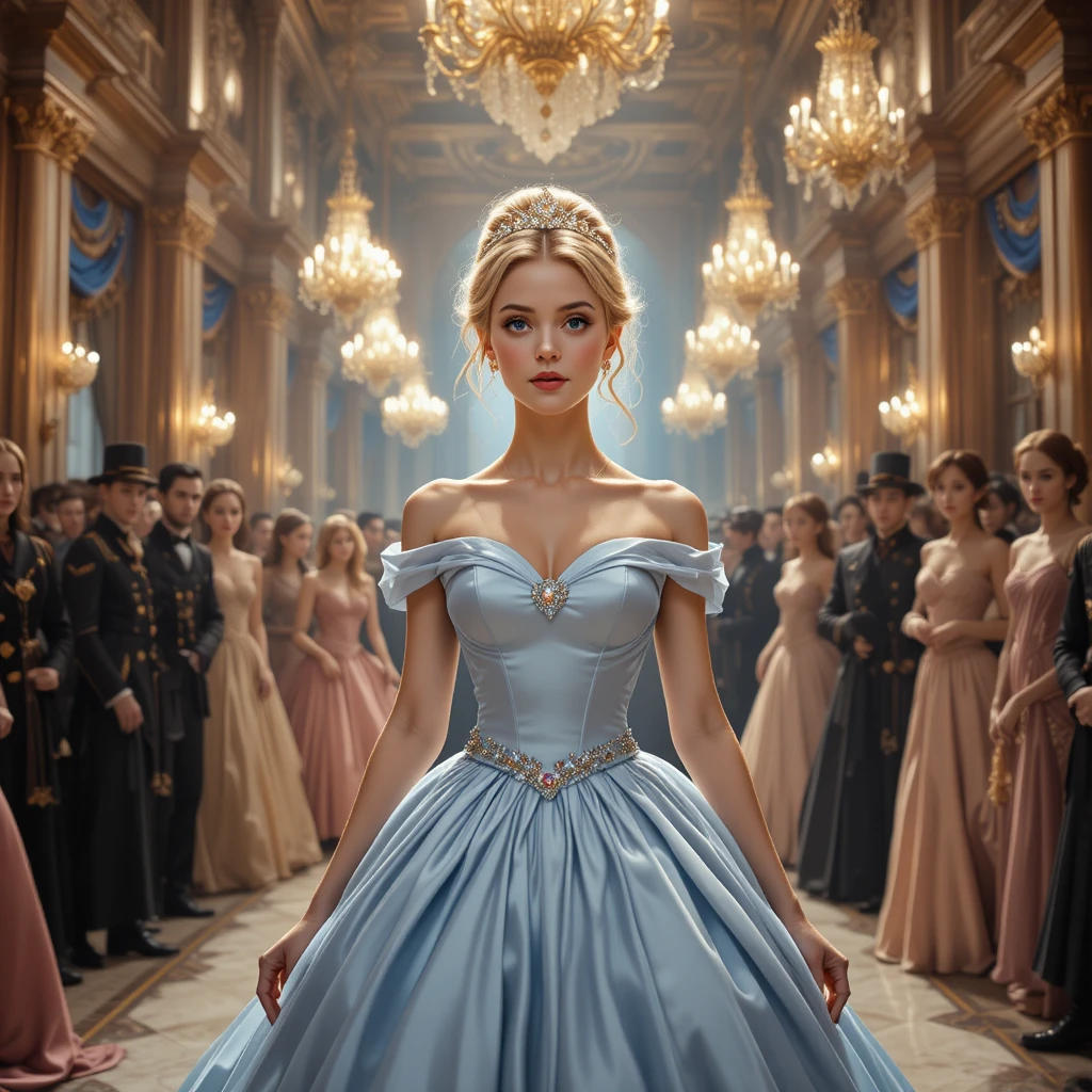 Junge blonde Heldin im blauen Ballkleid in einem prunkvollen Ballsaal