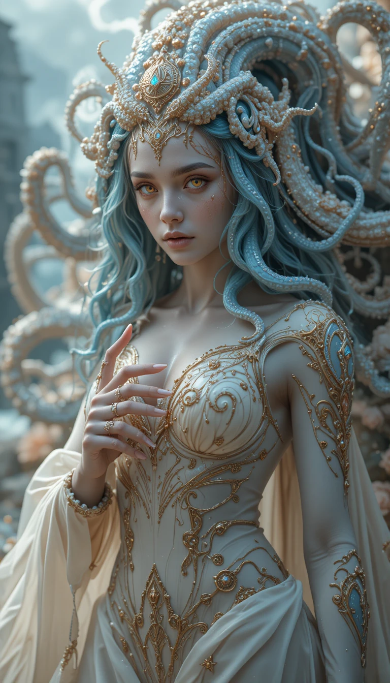 Hooded spirit woman on bridge before white fairy tale palace