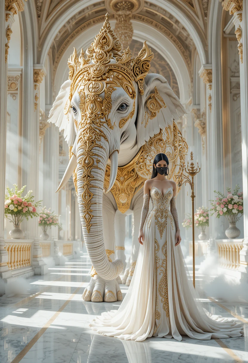 Majestoso elefante branco ao lado de sacerdote em palácio de mármore