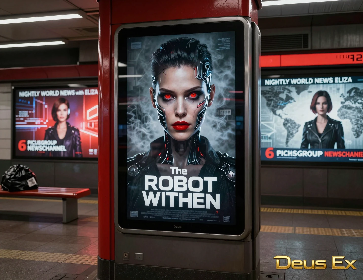 Cyberpunk metro station with glowing digital movie billboards