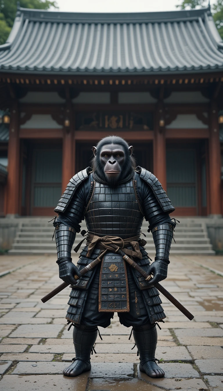 Chimpanzé samouraï gardant l’entrée d’un temple japonais serein