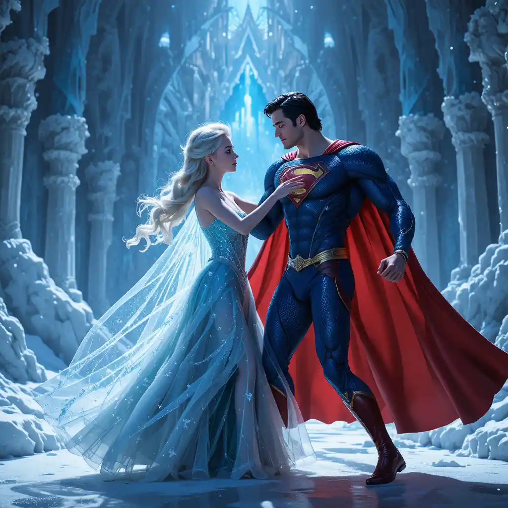 Super-héros dansant avec la reine des glaces dans un palais étincelant