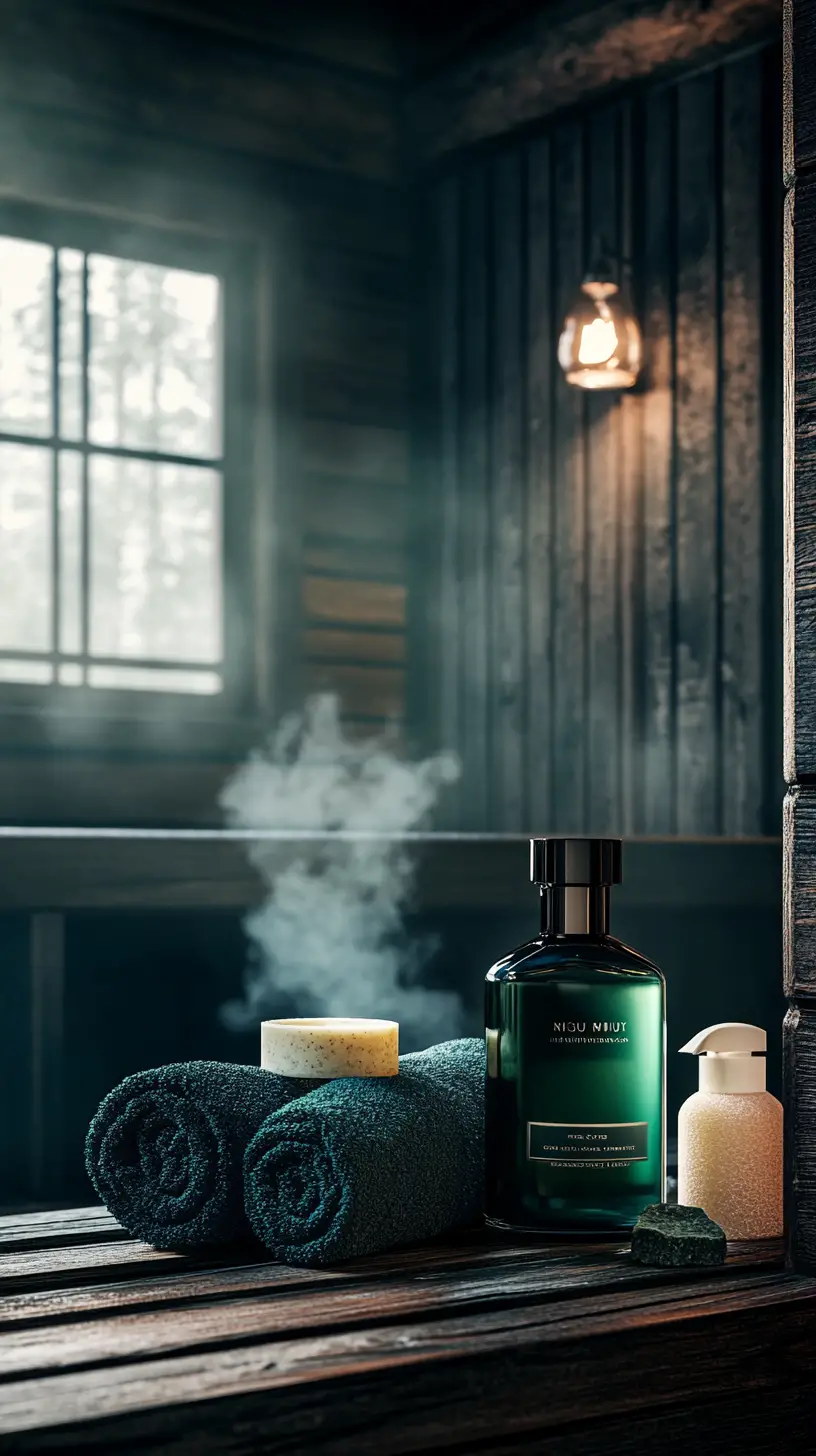 Lussuosi prodotti spa disposti in una tranquilla sauna in legno