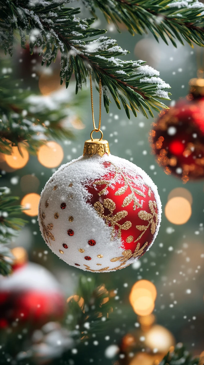 Pallina di Natale rossa appesa a un ramo di abete innevato
