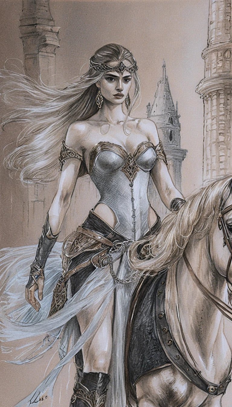 Regina guerriera dark fantasy a cavallo davanti a un castello in rovina