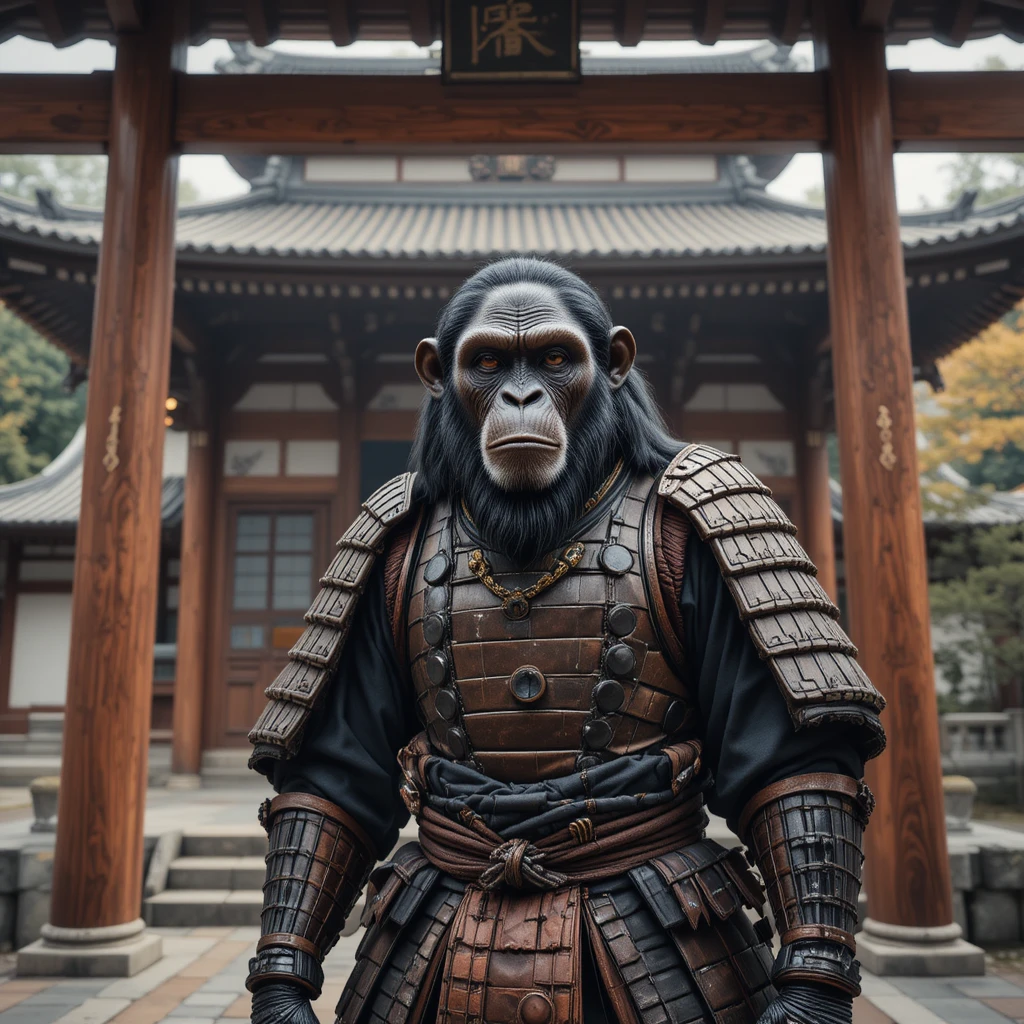 Chimpancé samurái custodiando la entrada de un antiguo templo japonés