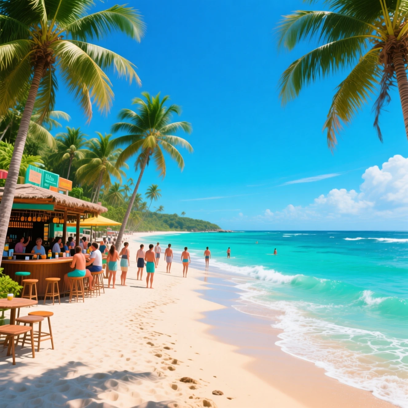 Lively beach bar beside turquoise ocean and palm trees