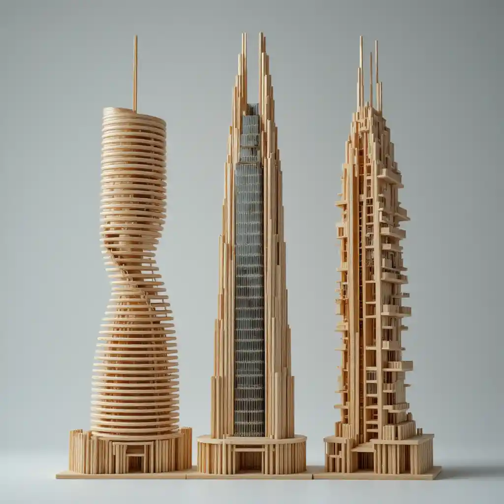 Four matchstick skyscraper sculptures in studio display
