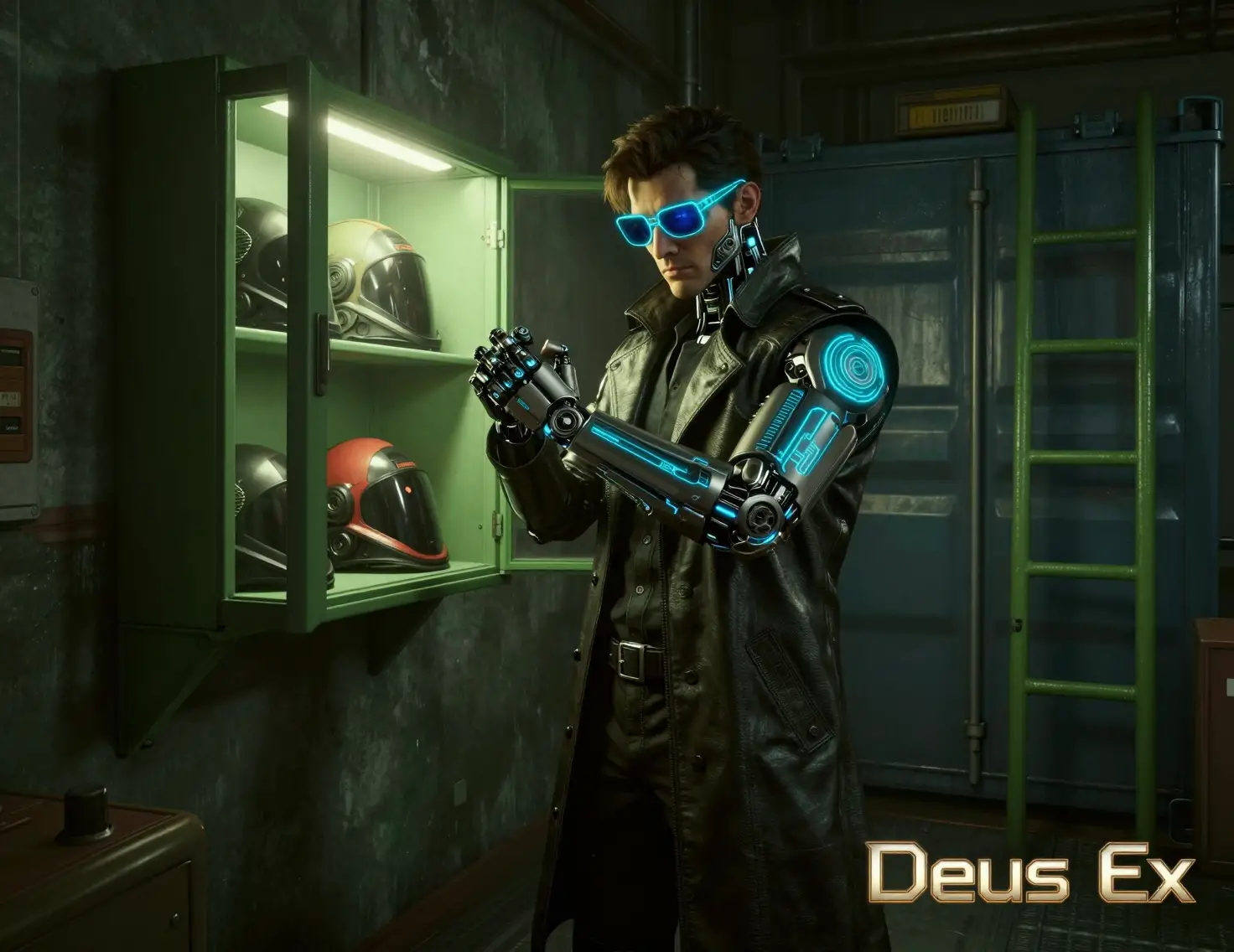 Cyberpunk detective with neon cybernetic eyes and sunglasses