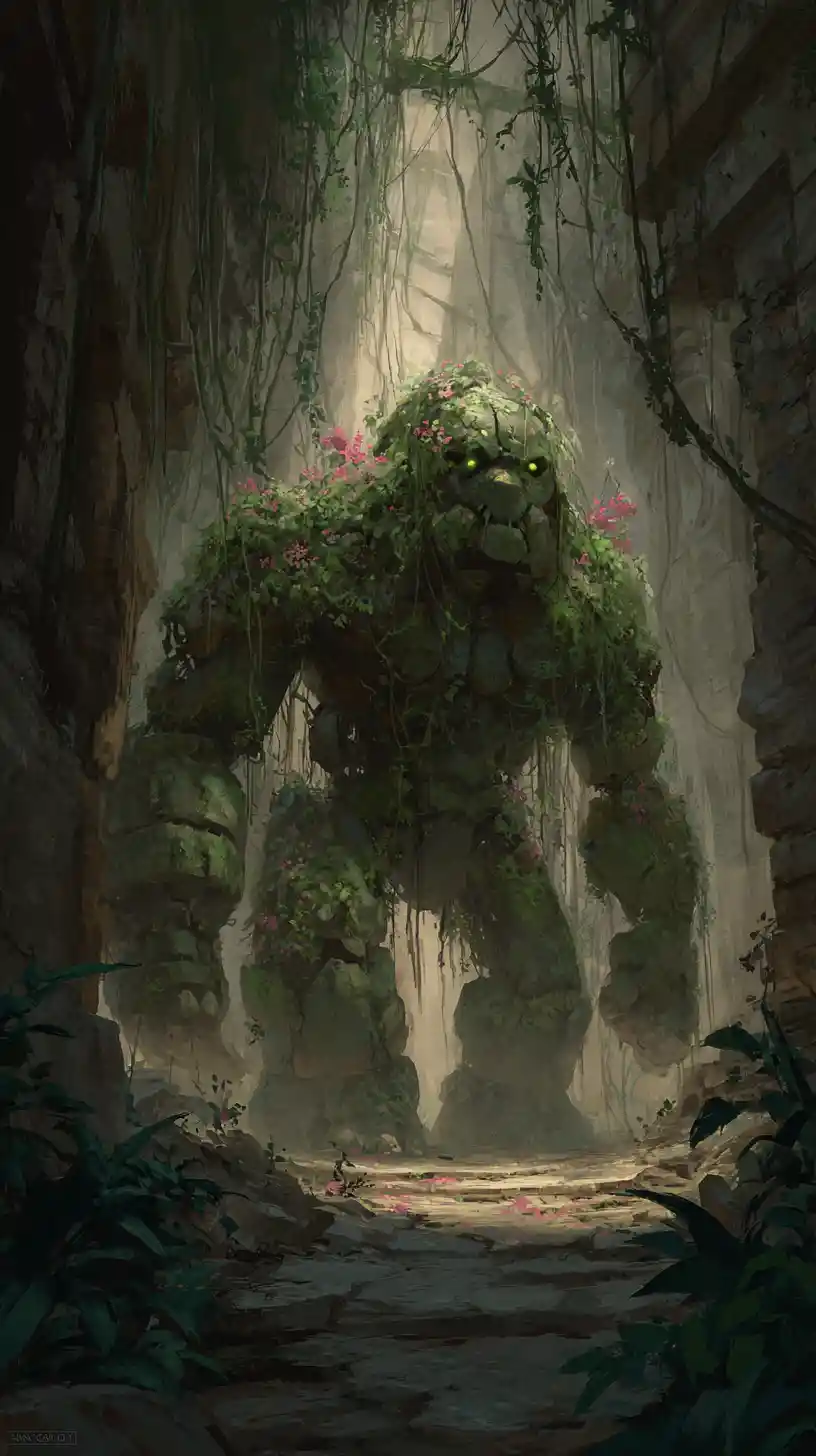 Ancient stone golem awakening in a jungle temple