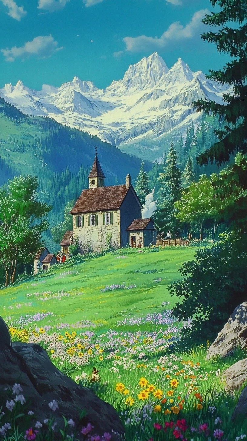 Vilarejo medieval em estilo anime em uma pacífica paisagem fantástica murada