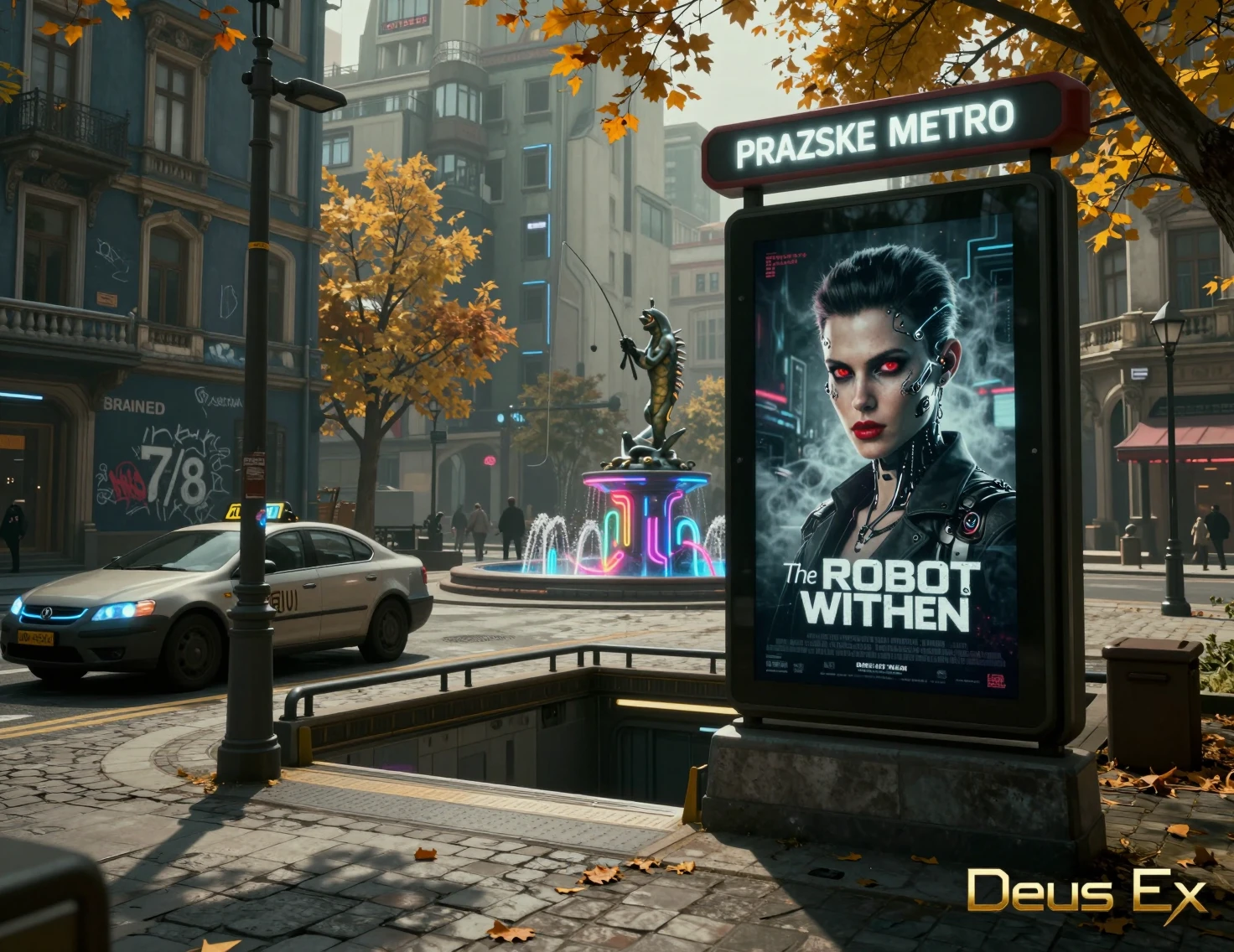 Táxi cyberpunk na entrada do metrô em uma cidade futurista
