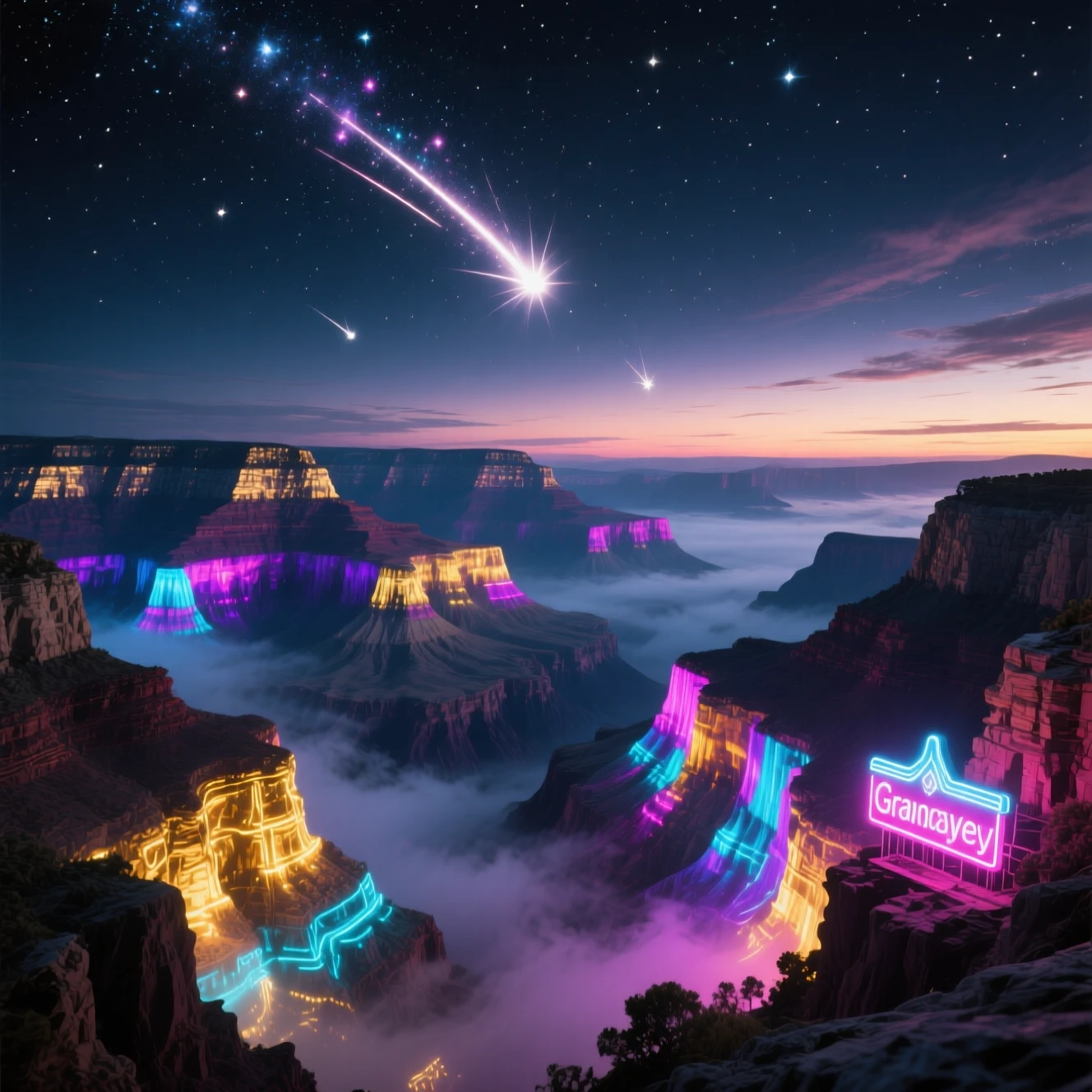 Grand Canyon che brilla di luci al neon al crepuscolo