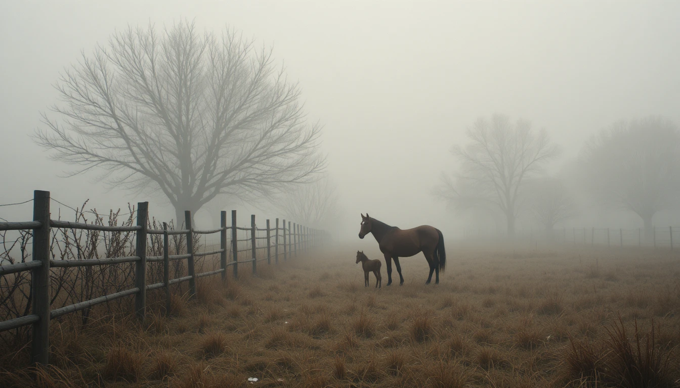 Brown horse and foal in a misty winter meadow paddock