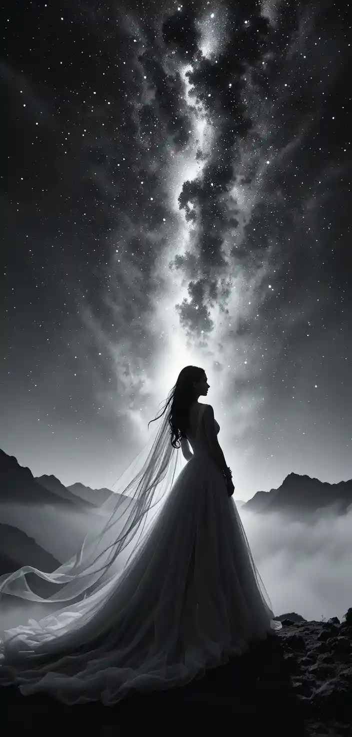 Silhouette de mariée se dressant sous un ciel nocturne cosmique
