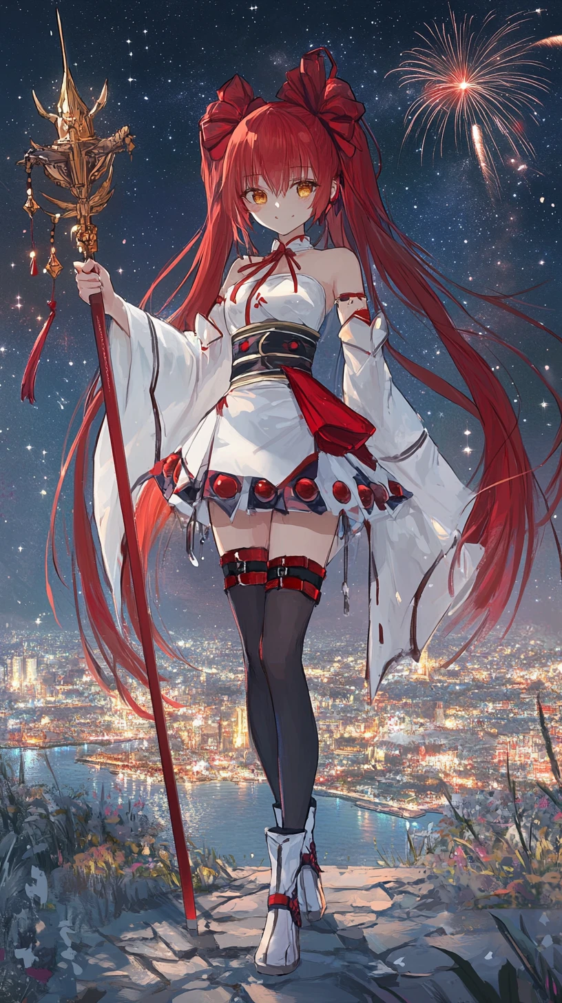 Garota de anime de vestido branco observando fogos de artifício sobre a cidade ao longe