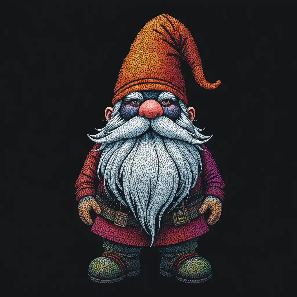 Gnome coloré en art de points centré sur fond noir