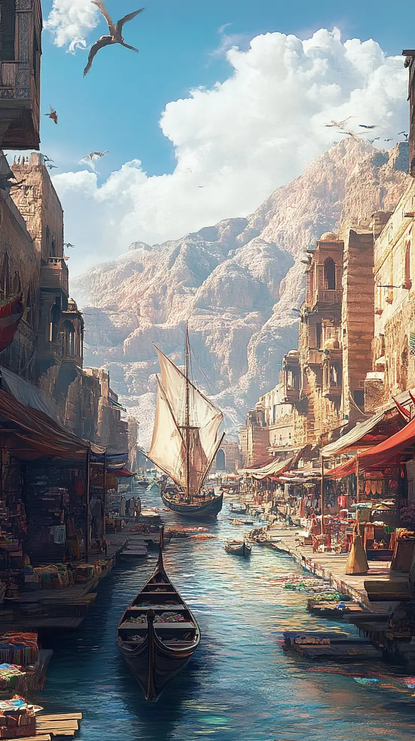 Anime-Blick auf eine arabische Stadtstraße mit Kanalschiffen