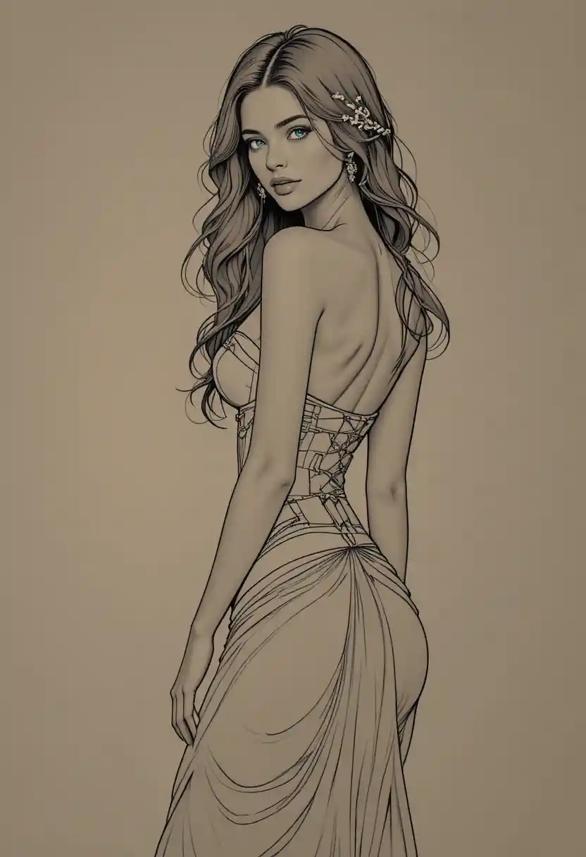 Femme élégante en corset aux lignes fluides art nouveau