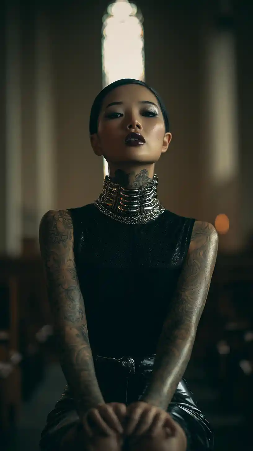 Donna tatuata in abito nero seduta da sola in chiesa