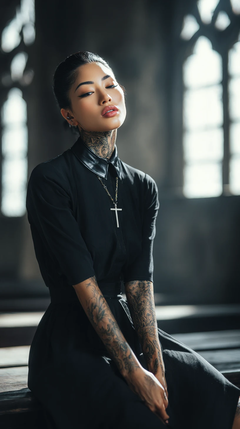 Donna tatuata con abito nero seduta da sola in chiesa