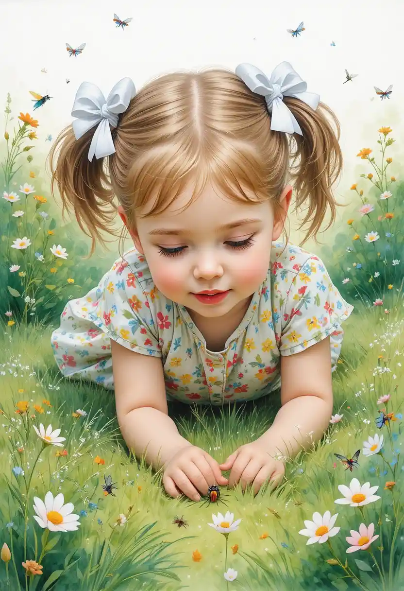 Little girl lying in summer grass watching a tiny bug