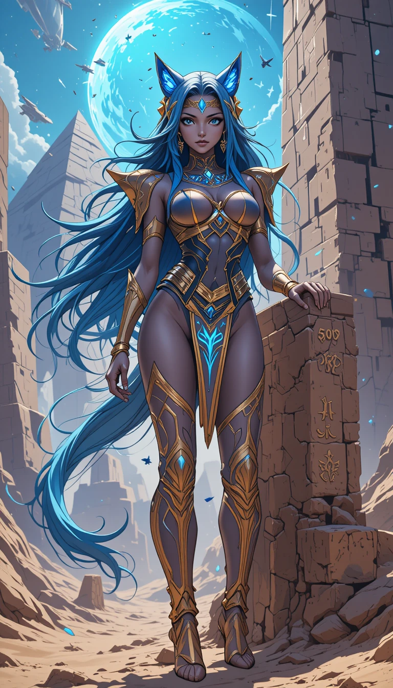 Guerreira de anime com runas em pose de batalha no deserto