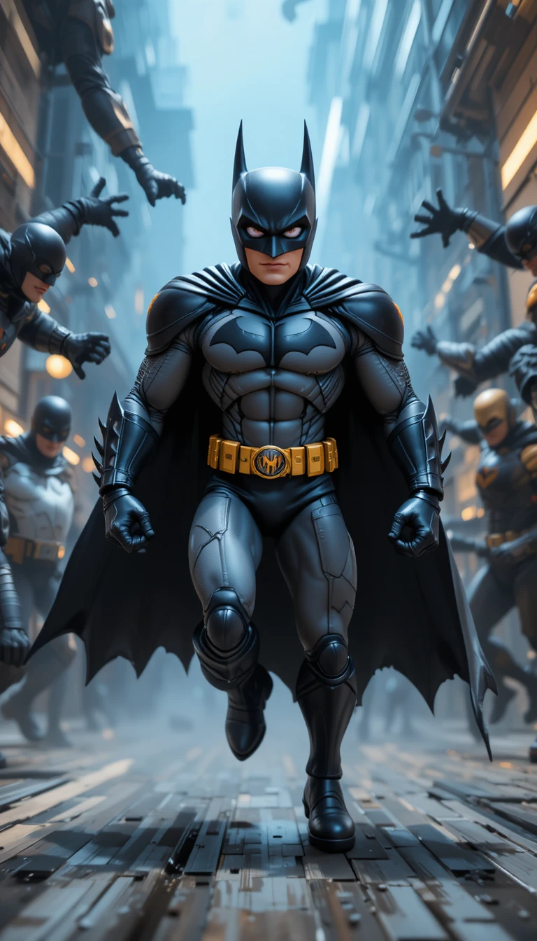 Super-herói 3D em estilo cartoon atacando vários inimigos em movimento