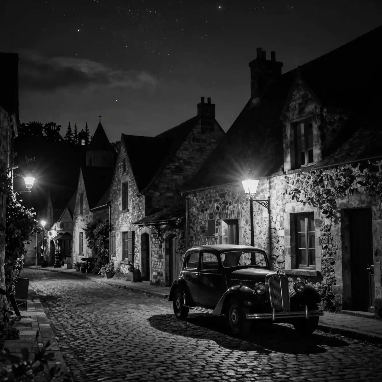 Calle de un pueblo francés a la luz de la luna con un coche clásico solitario